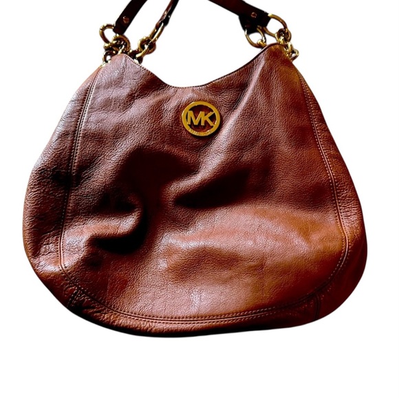 Michael Kors Large Brown Pebbled Leather Hobo Shoulder Bag with Gold Chain - Picture 1 of 7